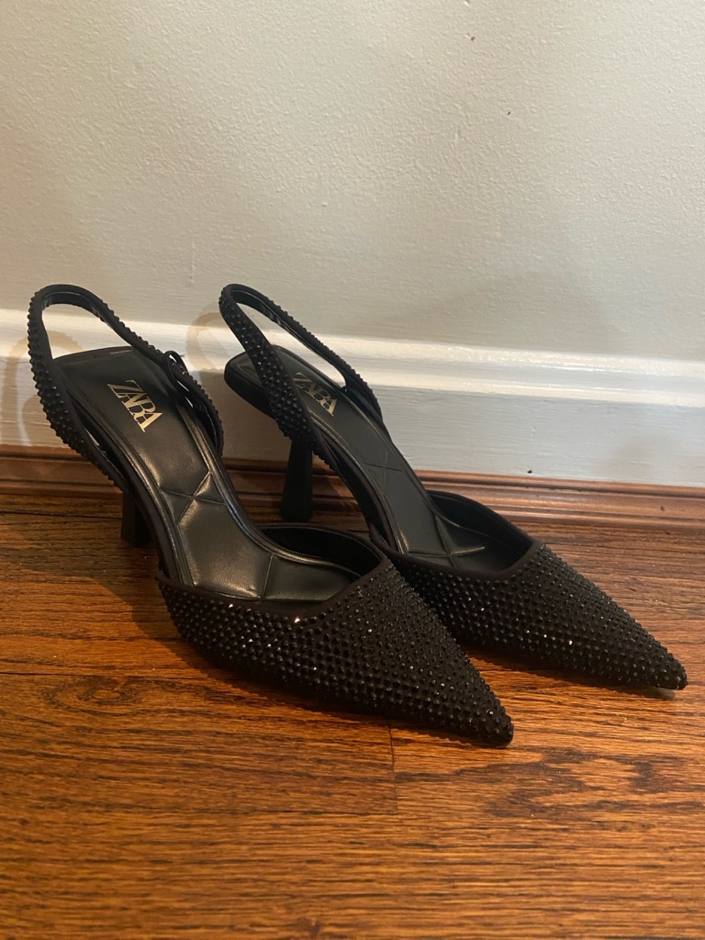 Zara Black Pointed Slingback Heels with Crystal Studs